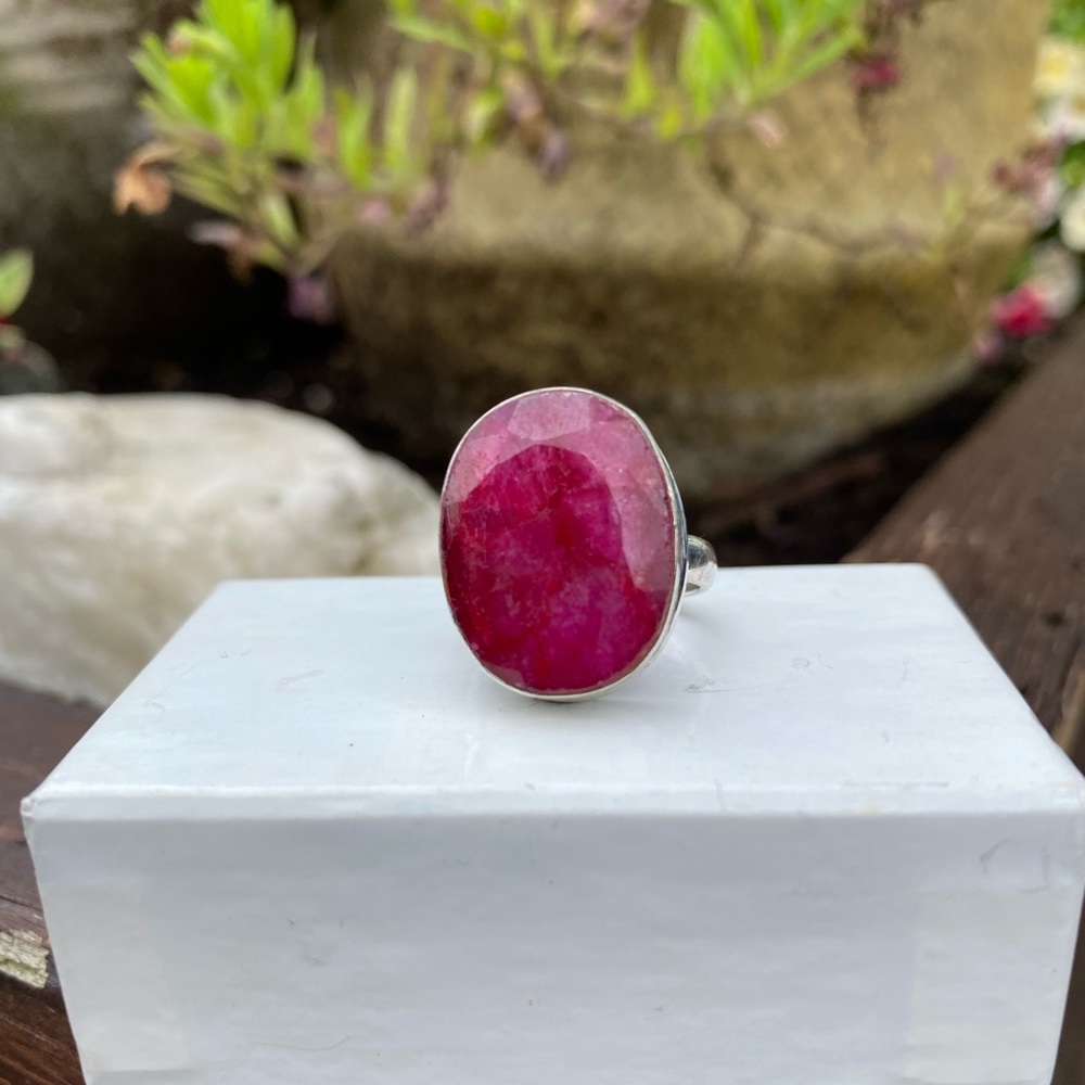 Raw Ruby Faceted Sterling Silver Ring. Size 6.75/7 - image 1